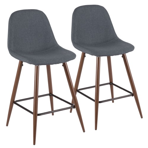 Pebble Counter Stool (Blue Fabric + Walnut Metal) - Set of 2